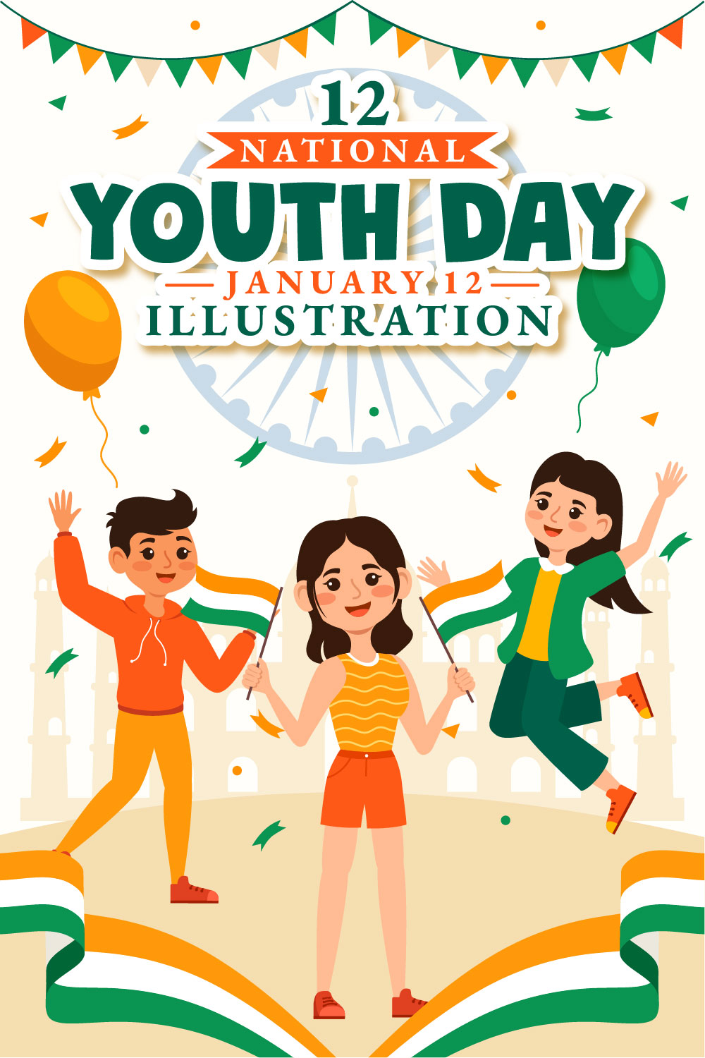 12 International Youth Day of India Illustration pinterest preview image.