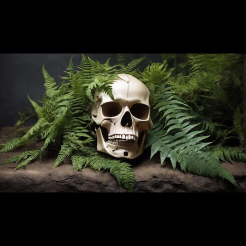 Head skull posing with leaves in jungle - ai generated cover image.