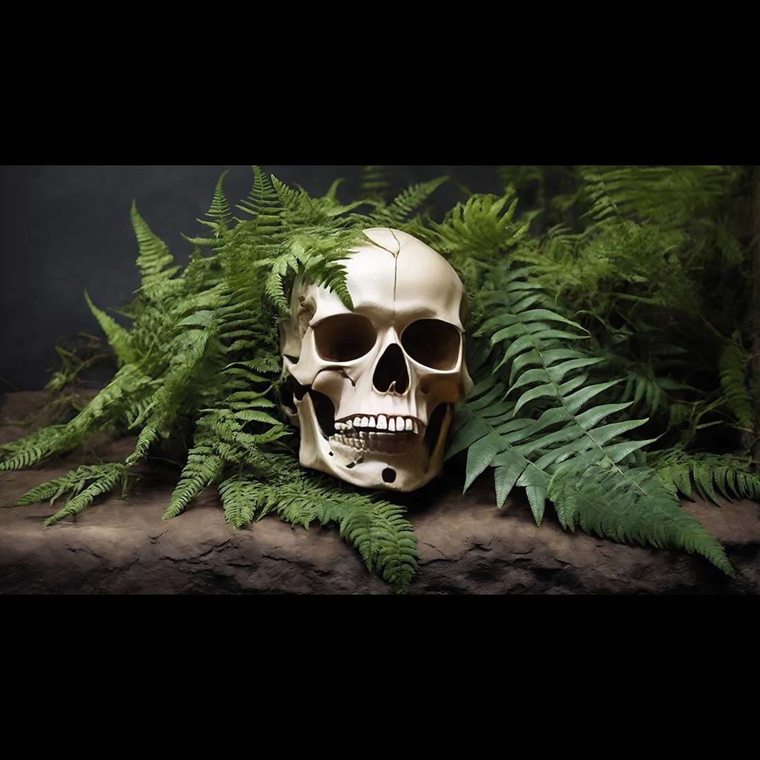 Head skull posing with leaves in jungle - ai generated preview image.