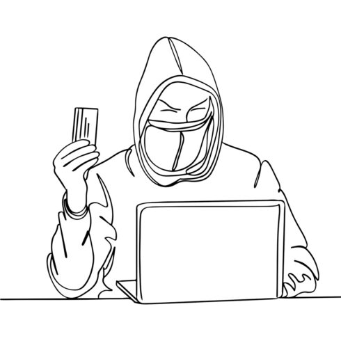 Phone Fraud Alert: Cartoon Illustration of Online Hacker with Credit Card, Hacking Chronicles: One-Line Drawing of Cyber Criminal in Mask cover image.
