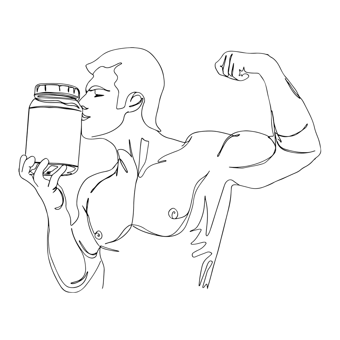 Fitness Romance: Cartoon Sketch of Muscular Man's Affectionate Kiss to Protein Jar, Love for Fitness Fuel: Sketch Drawing of Muscular Man Kissing Protein Powder Jar, Fit man vector preview image.