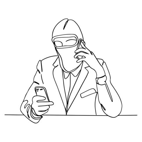 Phone Scam Saga: Cartoon Drawing of Masked Hacker in Continuous Line, Online Threat Vector: Continuous Line Drawing of Cyber Scammer with Mask cover image.