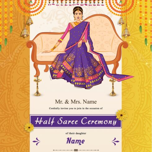 Half Saree Ceremony invitation card cover image.