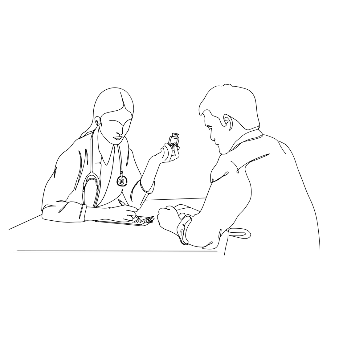 One-Line Doctor Visit: Prescription Time "Cartoon Medication Moment: Doctor's Advice" "Simple Sketch: Female Doctor Prescribing Pills" "Seamless Drawing: Doctor Giving Medication" preview image.