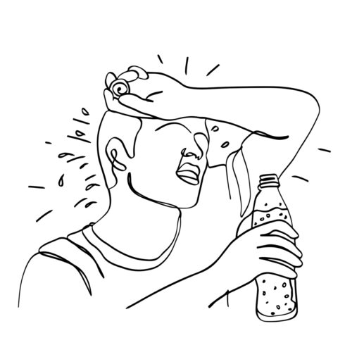 Heat Wave Fatigue: Cartoon Illustration of Exhausted Athlete with Water Bottle, Battling the Heat: Vector Image of Tired Sportsman Seeking Refreshment cover image.