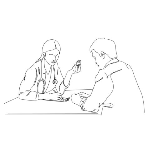 One-Line Doctor Visit: Prescription Time "Cartoon Medication Moment: Doctor's Advice" "Simple Sketch: Female Doctor Prescribing Pills" "Seamless Drawing: Doctor Giving Medication" cover image.