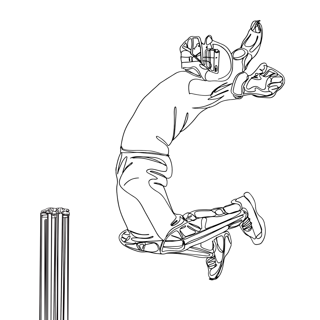 Cricket Excellence: One-Line Sketch of Spectacular Wicketkeeper Catch, Cricketing Precision: Hand-Drawn Scene of Wicketkeeper's Exceptional Grab preview image.