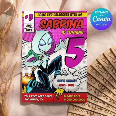Spider Gwen Birthday Invitation, Spider Gwen ANY AGE Birthday Invitation Canva Editable Instant Download cover image.