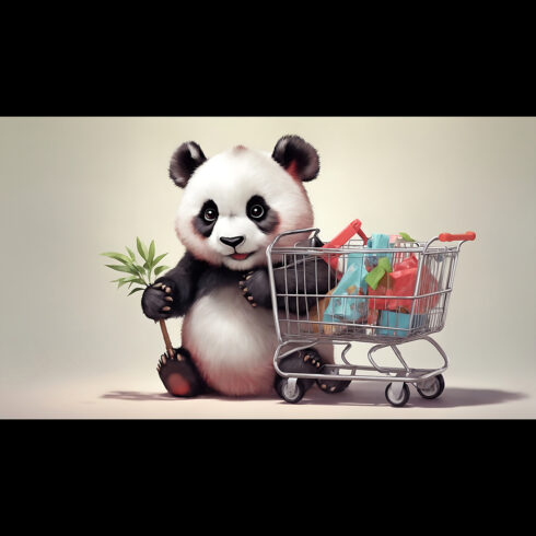 Cute baby panda sitting with shopping cart - ai generated cover image.