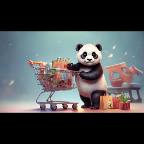 Cute baby panda standing with shopping cart - ai generated cover image.
