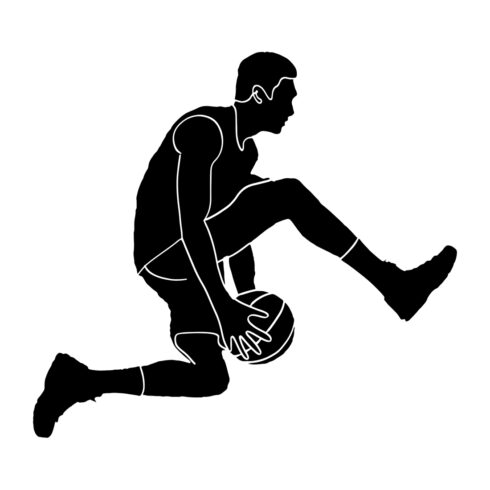 Silhouette of Basketball Player Soaring with Ball, Vector Illustration of Basketball Player Jumping High, Silhouetted Basketball Player in Mid-Air Leap cover image.