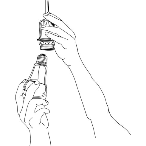 Cartoon Hands Changing LED Bulb, Seamless Sketch: Installing LED Light, Energy-Saving Light: One-Line Drawing, LED Bulb Installation Cartoon Art cover image.