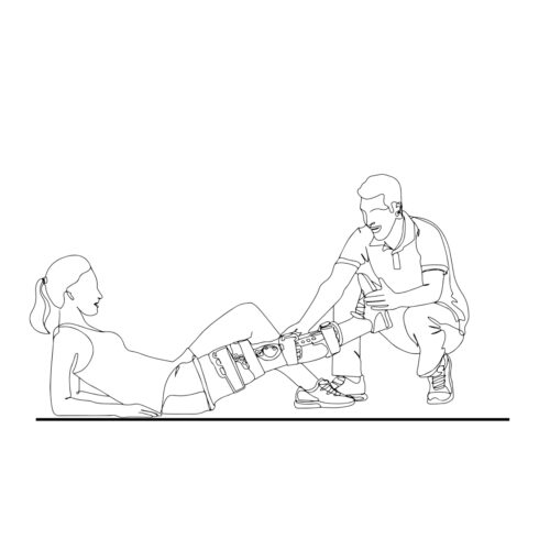 Hand-Drawn Physiotherapy Cartoon: Woman Exercising Stiff Leg, Orthopedic Recovery Vector: Stiff Leg Physiotherapy Session cover image.