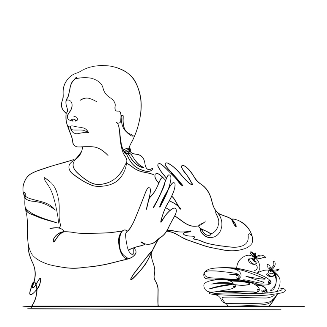 Eating Disorder Struggle: Anorexic Woman One Line Illustration, Meal Struggle Art: Unhappy Anorexic Woman , Sensitive Illustration: Anorexia Struggle preview image.