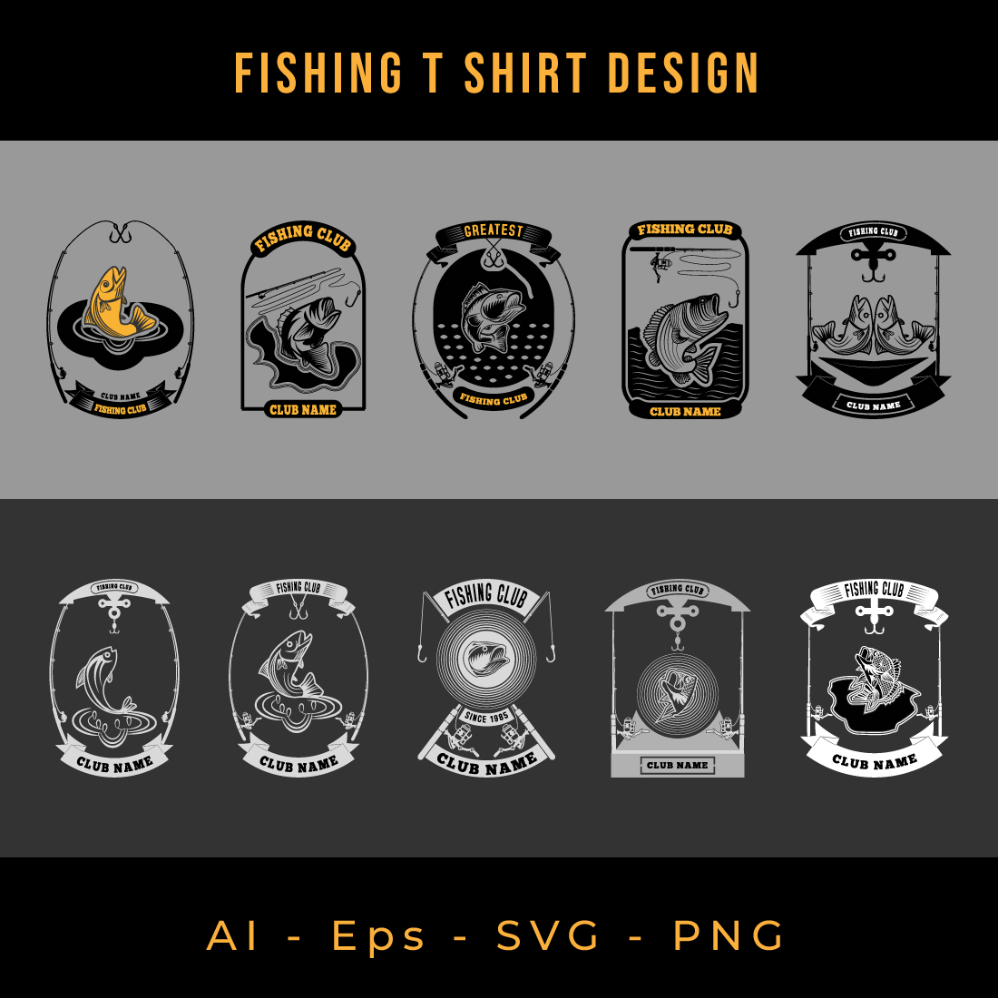 10 Fishing T Shirt Designs Bundle cover image.