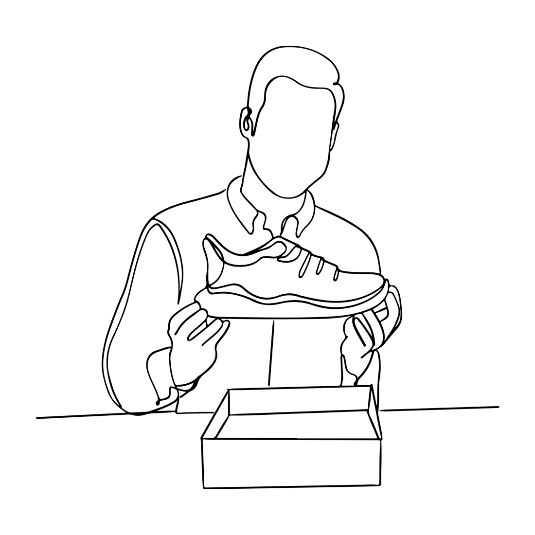 Unwrapping Joy: One-Line Sketch of Boy Unboxing Shoes from Online Shopping, E-commerce Thrill: Single Line Sketch of Kid Unwrapping Shoes Ordered Online preview image.