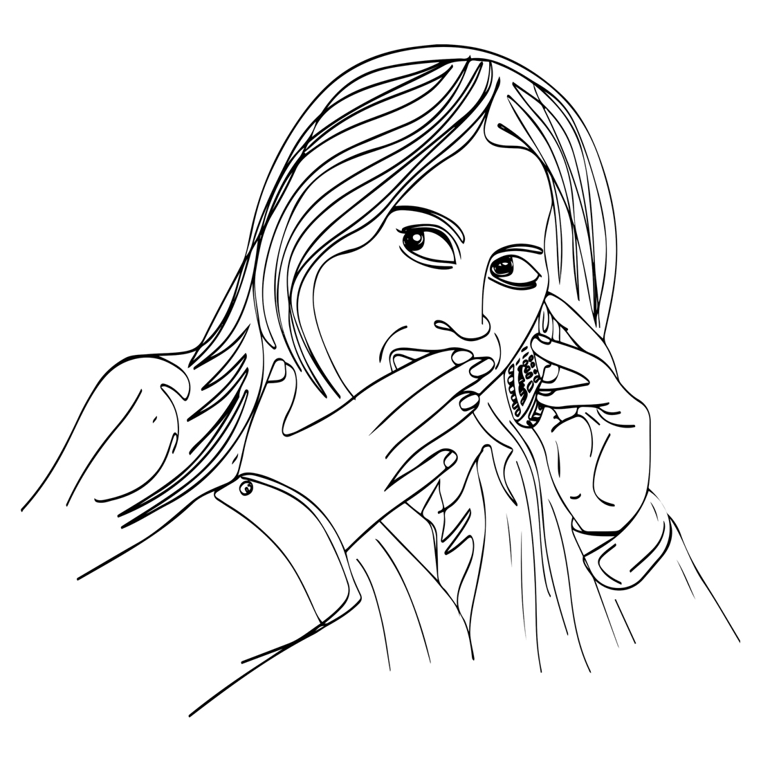 Young Women Gossiping on Phone Illustration, Smartphone Laughter: Sketch Cartoon of Young Women with Funny Faces, Young Woman Holding Smartphone Cartoon preview image.