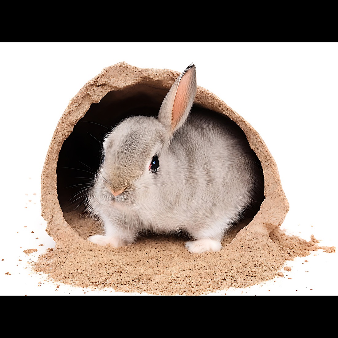 Cute little gray bunny coming out from hole on a white background - ai generated preview image.