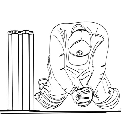 World Cup Agony: Cricket Player Kneels in Sorrowful Art, Cricket Tears: Cartoon Drawing of Player After World Cup Defeat, Disheartened Athlete: Cricket Player in Sorrowful Illustration cover image.