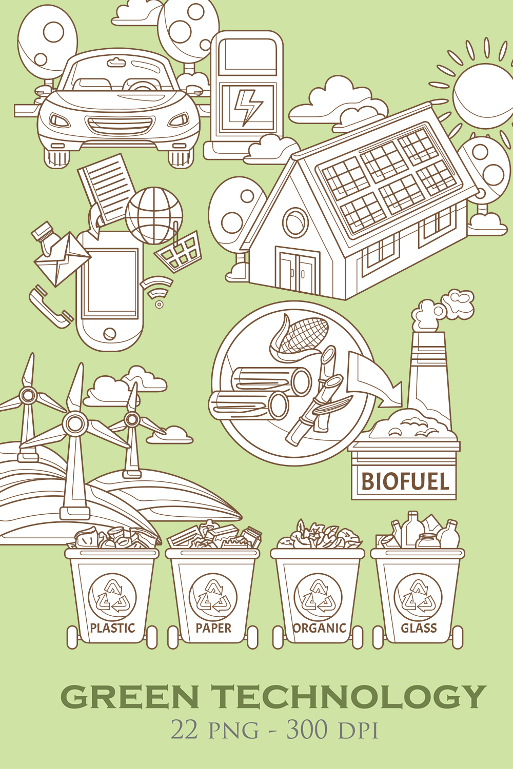 Go Green Technology Eco Friendly Environmental Energy Biofuel Electric Car Reusable Reduce Recycle Solar Panel House Wind Turbine Smartphone Used Cartoon Digital Stamp Outline pinterest preview image.