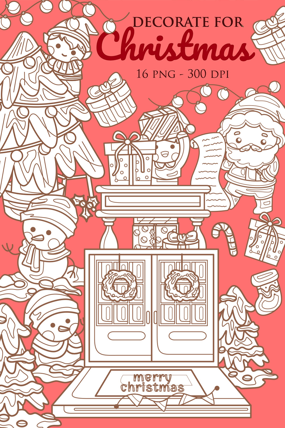Decorated for Christmas Character Snowman Santa Claus Elf Holiday Decoration Background Cartoon Digital Stamp Outline pinterest preview image.