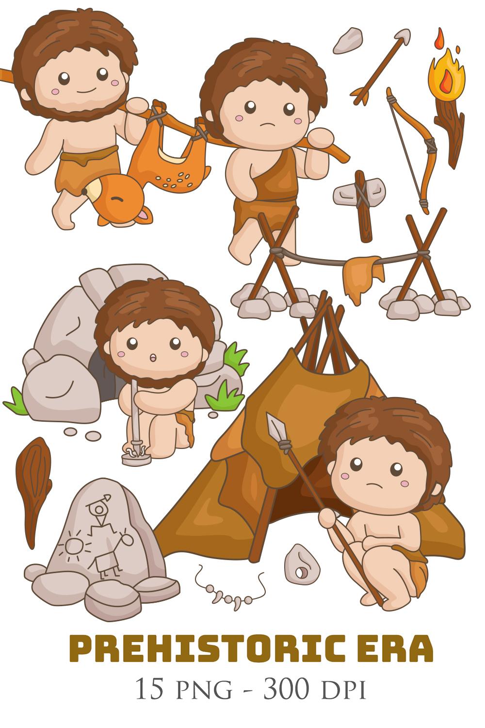 Cute Funny Ancient Human People Activity Prehistoric Era World Period History Discovery Cartoon Illustration Vector Clipart Sticker pinterest preview image.