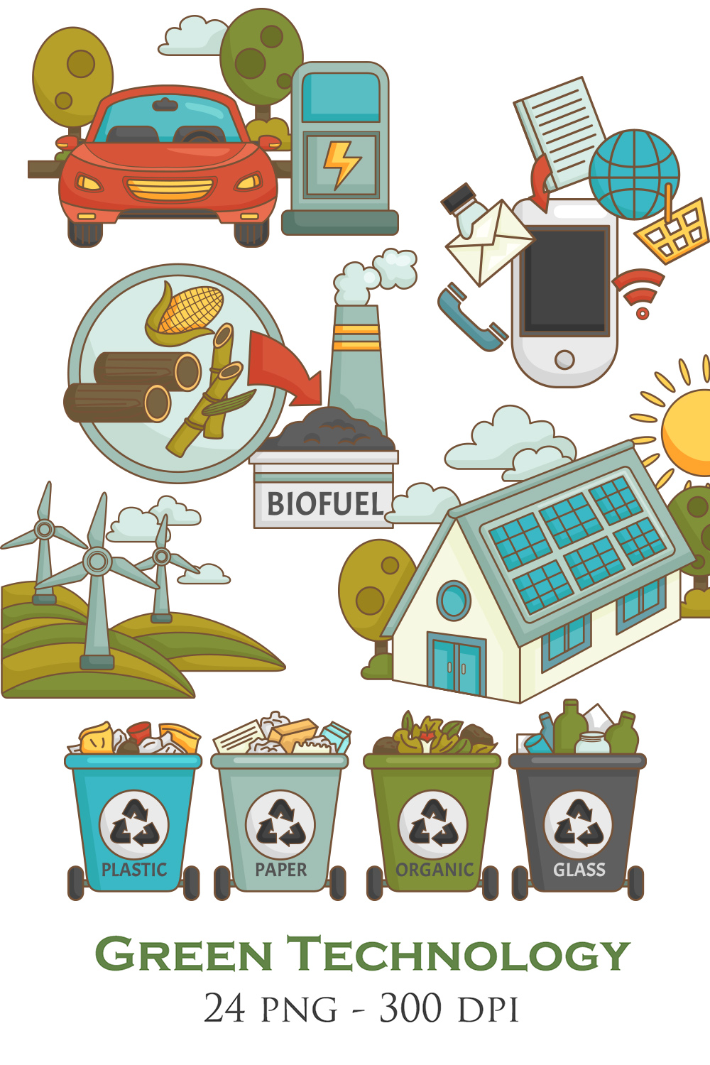 Go Green Technology Eco Friendly Environmental Energy Biofuel Electric Car Reusable Reduce Recycle Solar Panel House Wind Turbine Smartphone Used Cartoon Illustration Vector Clipart Sticker pinterest preview image.