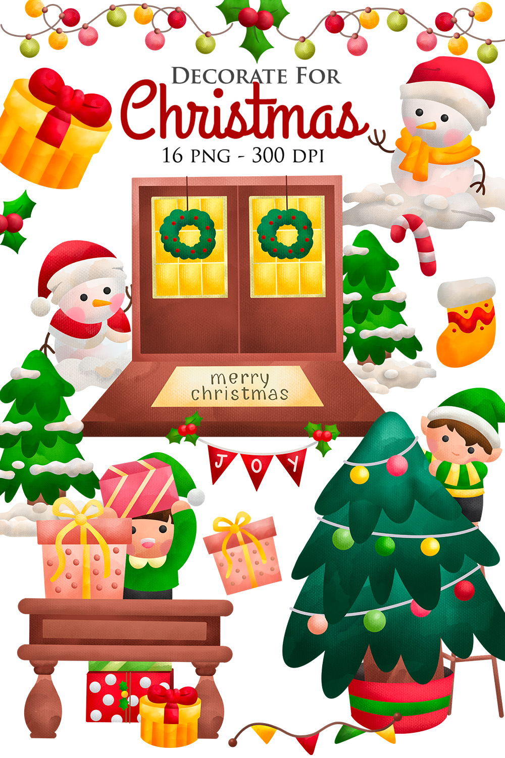 Watercolour Decorated for Christmas Holiday Celebration Ornament Background Character Snowman Santa Claus Elf Tree Cartoon Illustration Vector Clipart Sticker pinterest preview image.