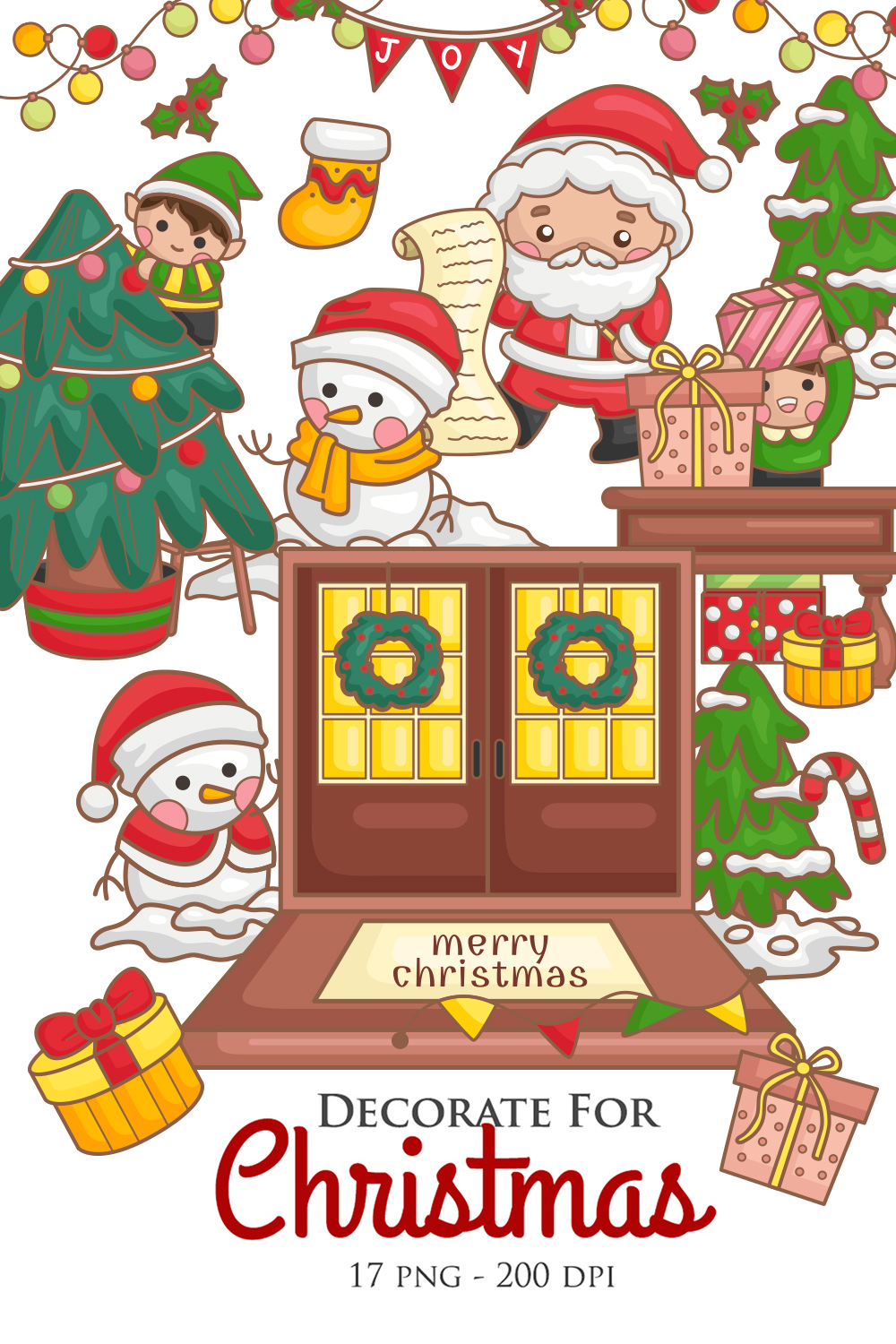 Decorated for Christmas Character Snowman Santa Claus Elf Holiday Decoration Background Cartoon Illustration Vector Clipart Sticker pinterest preview image.