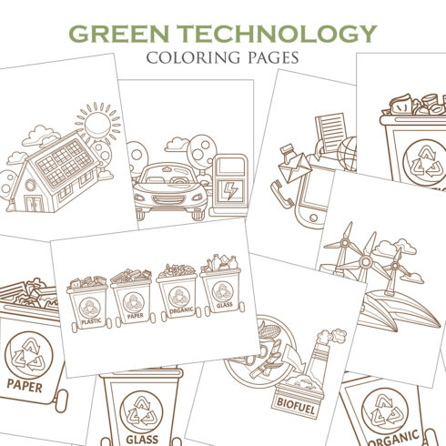 Go Green Technology Eco Friendly Environmental Energy Consumption Electric Car Reusable Reduce Recycle Solar Panel House Smartphone Used Wind Turbine Cartoon Digital Stamp Outline cover image.