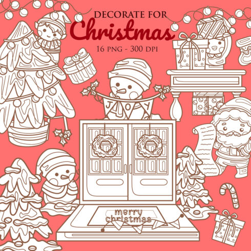 Decorated for Christmas Character Snowman Santa Claus Elf Holiday Decoration Background Cartoon Digital Stamp Outline cover image.