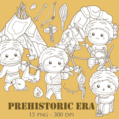 Cute Funny Ancient Human People Activity Prehistoric Era World Period History Discovery Cartoon Digital Stamp Outline Black and White cover image.