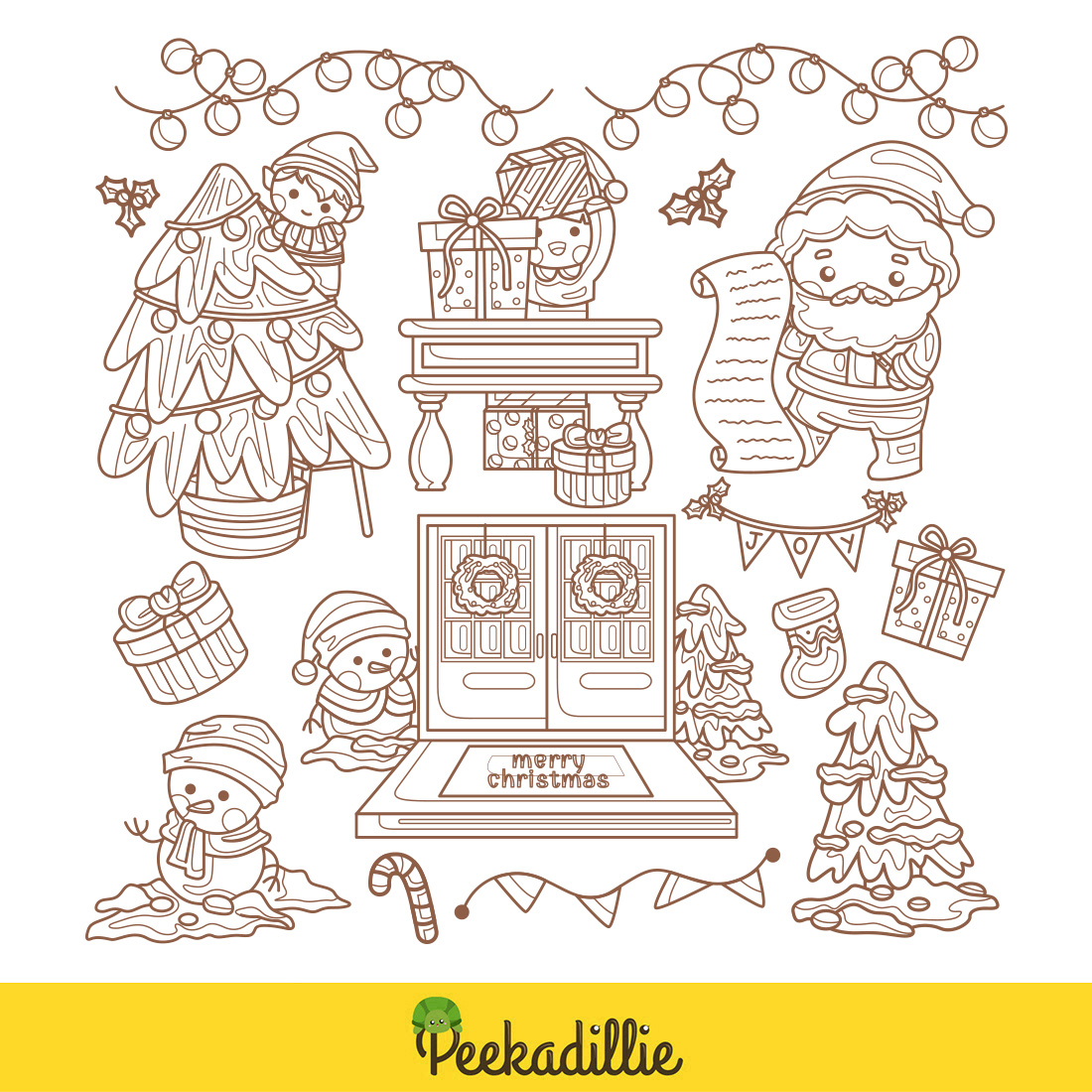 Decorated for Christmas Character Snowman Santa Claus Elf Holiday Decoration Background Cartoon Digital Stamp Outline preview image.