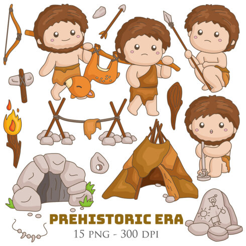 Cute Funny Ancient Human People Activity Prehistoric Era World Period History Discovery Cartoon Illustration Vector Clipart Sticker cover image.