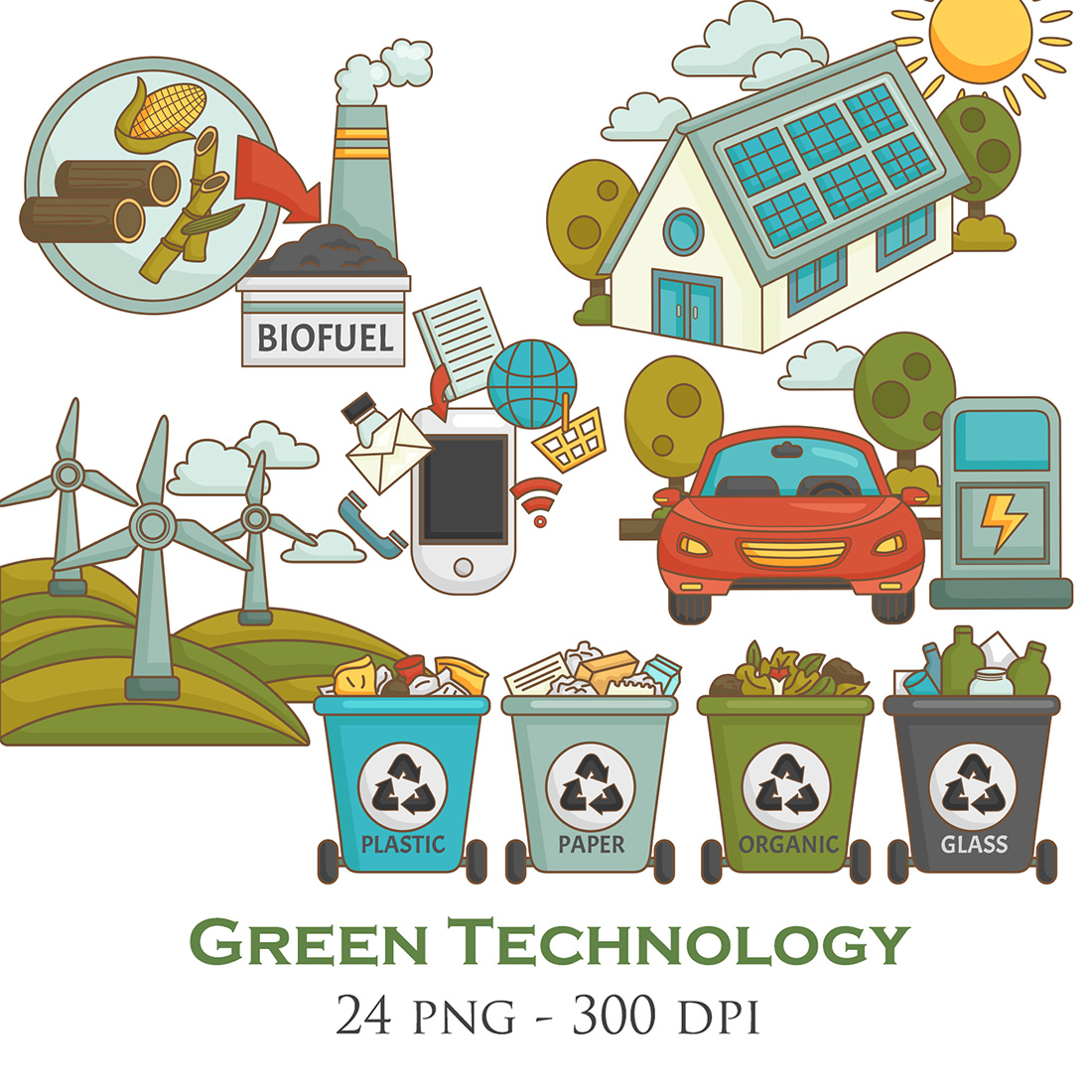Go Green Technology Eco Friendly Environmental Energy Biofuel Electric Car Reusable Reduce Recycle Solar Panel House Wind Turbine Smartphone Used Cartoon Illustration Vector Clipart Sticker cover image.