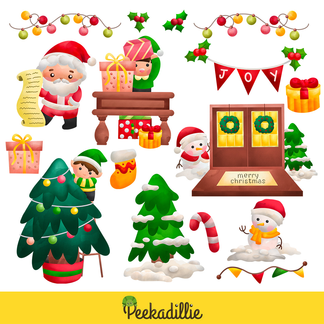 Watercolour Decorated for Christmas Holiday Celebration Ornament Background Character Snowman Santa Claus Elf Tree Cartoon Illustration Vector Clipart Sticker preview image.