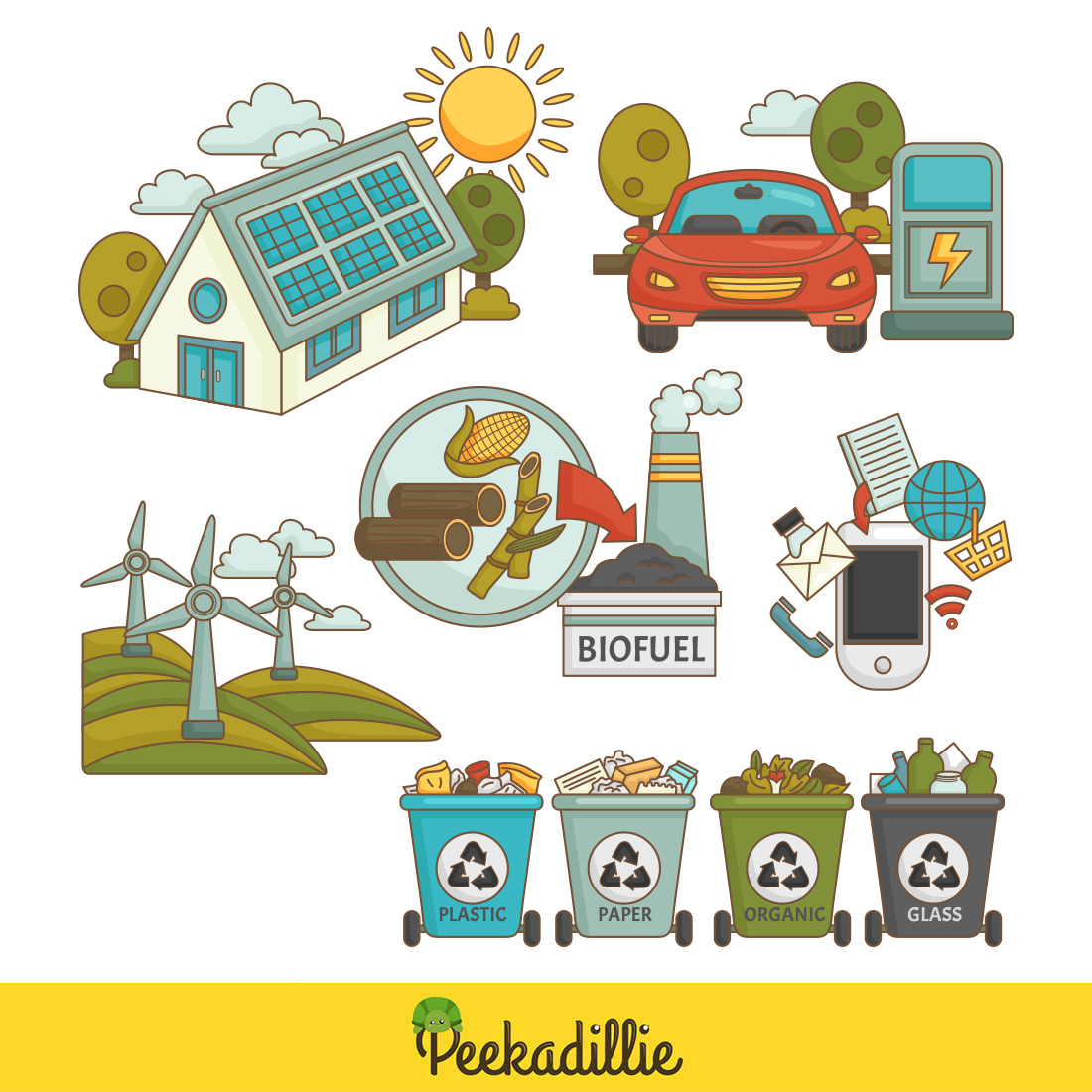Go Green Technology Eco Friendly Environmental Energy Biofuel Electric Car Reusable Reduce Recycle Solar Panel House Wind Turbine Smartphone Used Cartoon Illustration Vector Clipart Sticker preview image.