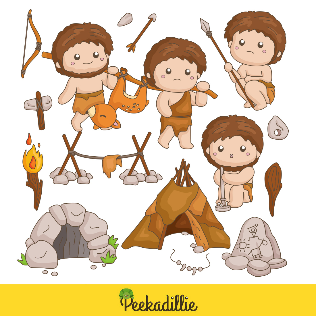 Cute Funny Ancient Human People Activity Prehistoric Era World Period History Discovery Cartoon Illustration Vector Clipart Sticker preview image.