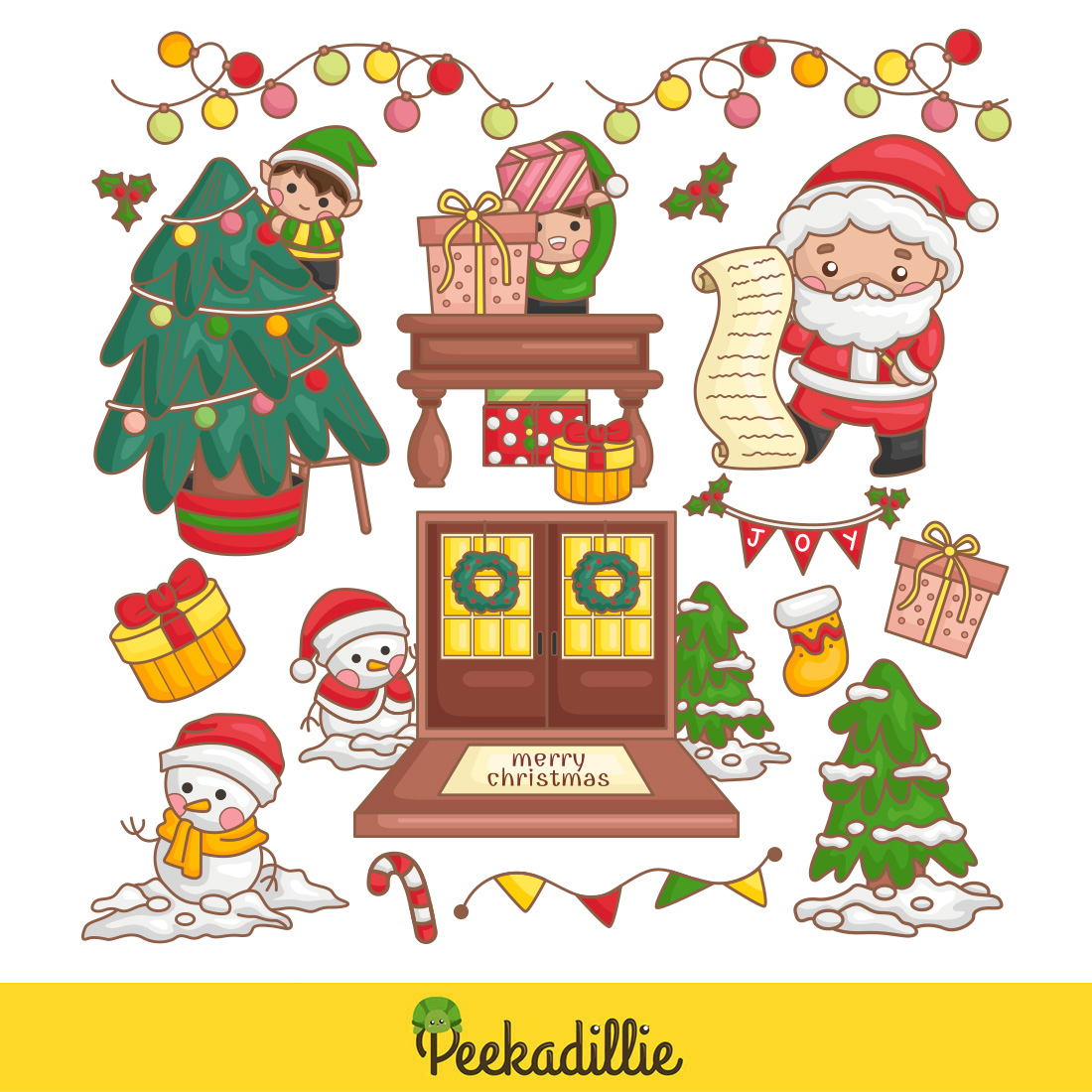 Decorated for Christmas Character Snowman Santa Claus Elf Holiday Decoration Background Cartoon Illustration Vector Clipart Sticker preview image.