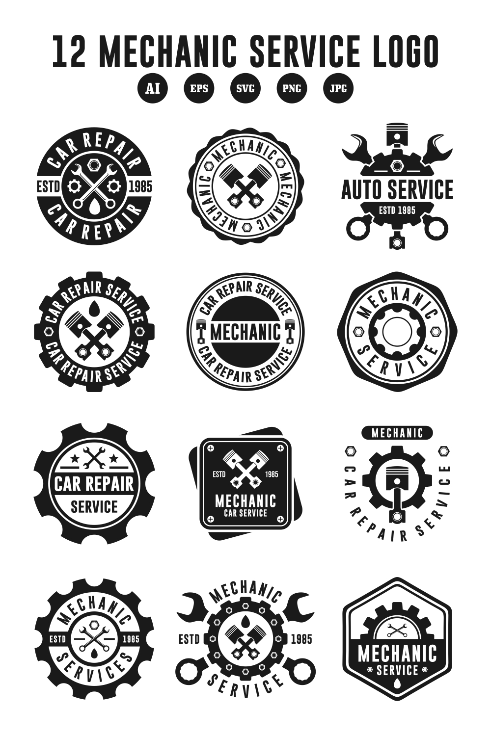 12 Mechanic Service logo design collection - $12 pinterest preview image.