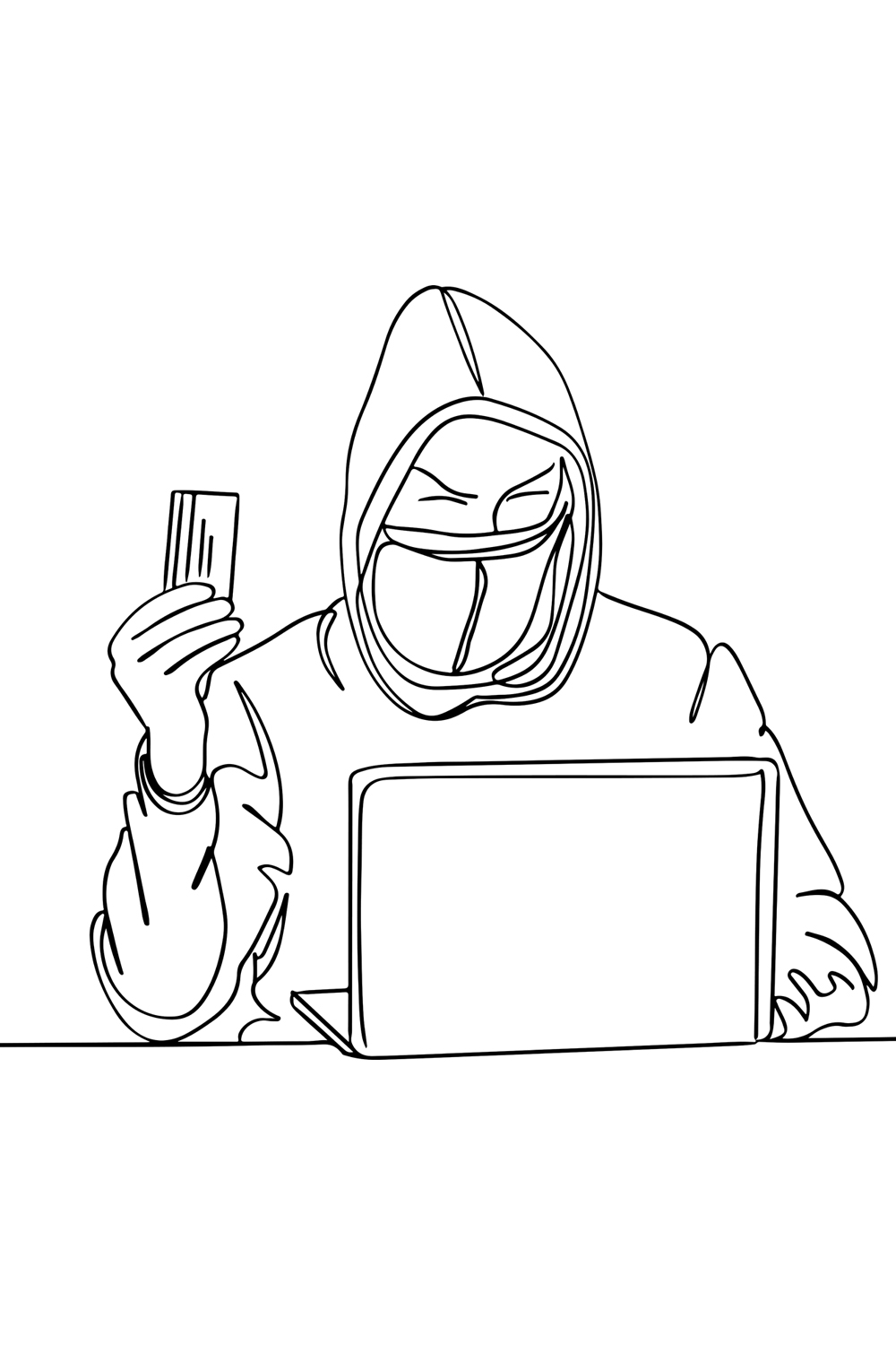 Phone Fraud Alert: Cartoon Illustration of Online Hacker with Credit Card, Hacking Chronicles: One-Line Drawing of Cyber Criminal in Mask pinterest preview image.