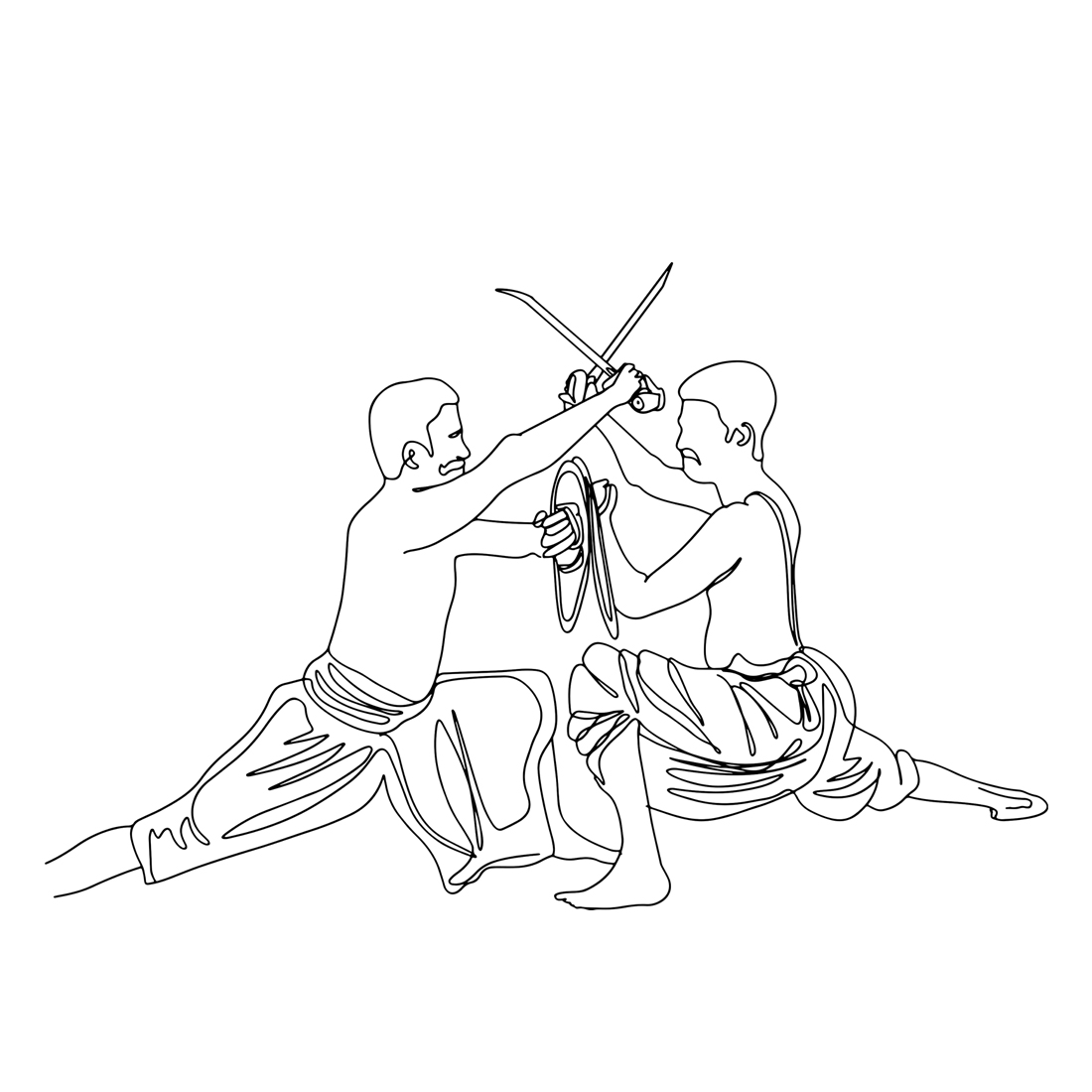 Indian Martial Arts Cartoon: Kalarippayat Warriors in One Line, Epic Battle Scene: Kalarippayat Swords and Shields Illustration, Kalarippayat Warriors Sketch preview image.