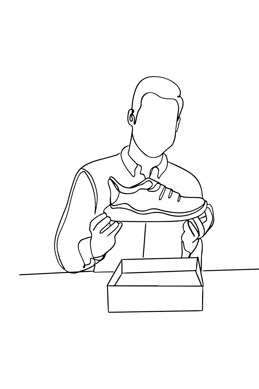 Unwrapping Joy: One-Line Sketch of Boy Unboxing Shoes from Online Shopping, E-commerce Thrill: Single Line Sketch of Kid Unwrapping Shoes Ordered Online pinterest preview image.