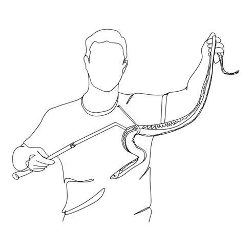 Snake Whisperer Cartoon: Professional Snake Catcher in One Line, Continuous Sketch Snake Catcher Tools: Cartoon Illustration, Professional Snake Catcher Cartoon cover image.