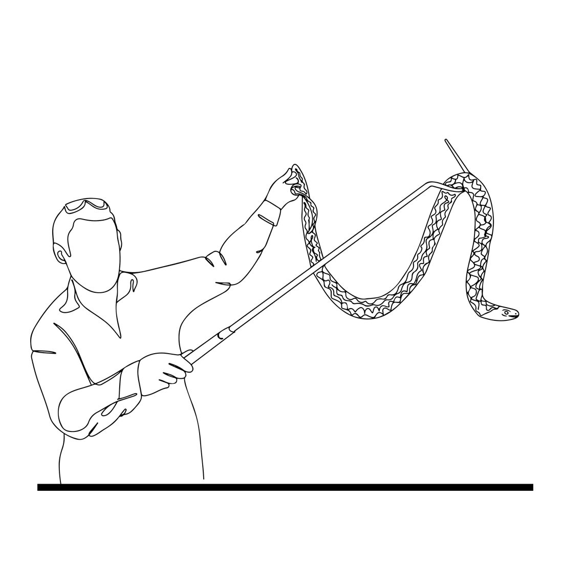 Snake Handling Mastery: Professional Catcher One-Line Cartoon, Continuous Sketch Cartoon: Snake Tamer's Tools in Action, Snake Catcher Continuous Sketch preview image.
