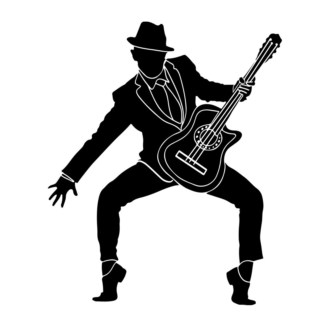 Stylish Guitar Player Silhouette: Vector Illustration for Music Enthusiasts, Silhouette Man Playing Guitar: Stock Vector for Musical Creativity, Vector Graphics: Stylish Guitar Player preview image.