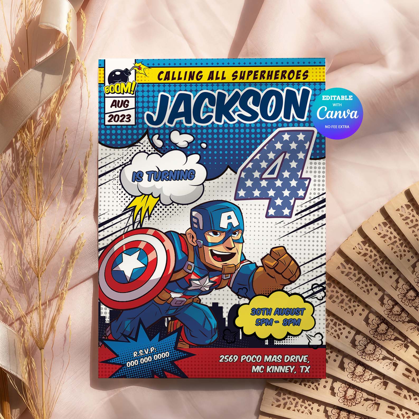 Captain America 4th Birthday Invitation Canva Editable cover image.