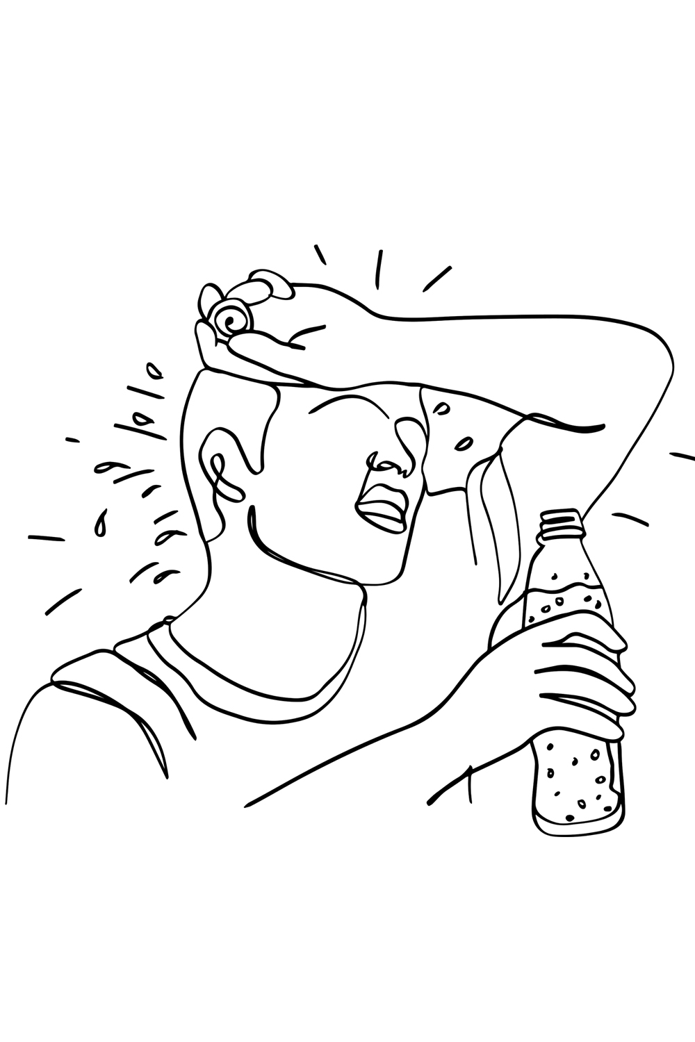 Heat Wave Fatigue: Cartoon Illustration of Exhausted Athlete with Water Bottle, Battling the Heat: Vector Image of Tired Sportsman Seeking Refreshment pinterest preview image.
