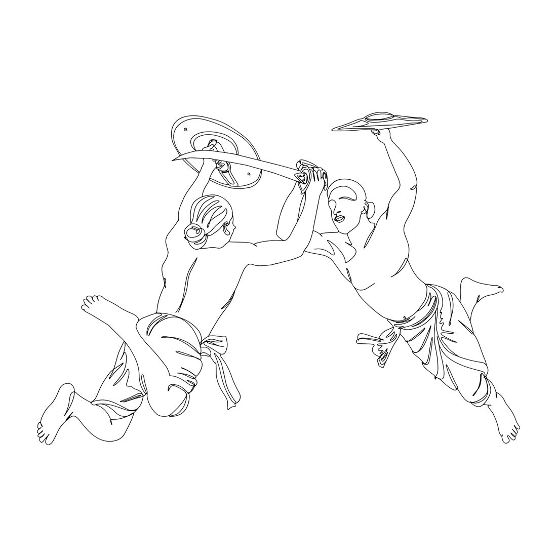 Dynamic Kalarippayat Warriors: One-Line Illustration of Ancient Combat, Tradition Meets Art: Kalarippayat Swordfight in Indian Martial Arts, Kalarippayat Swordfight Sketch preview image.