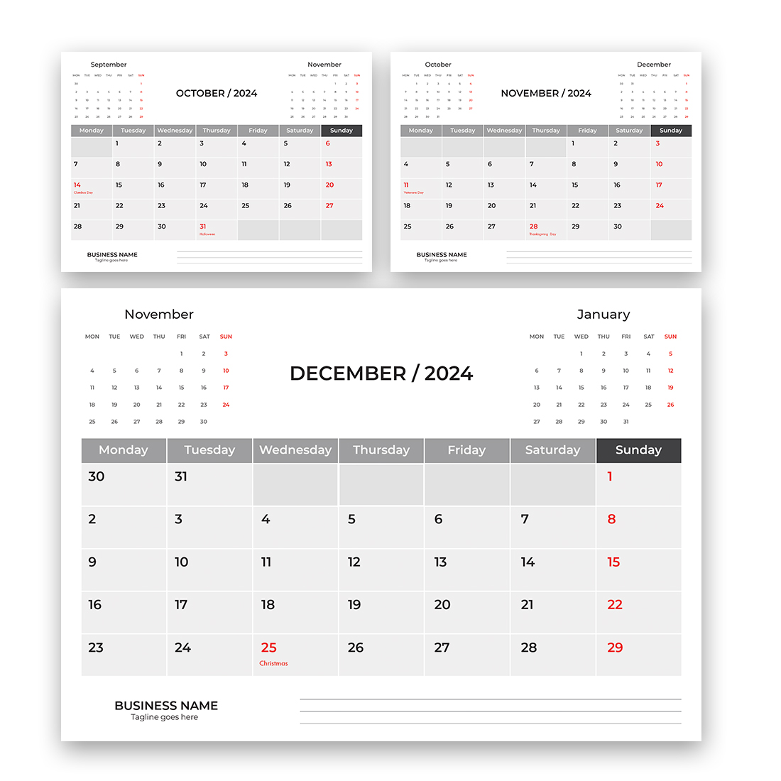 2024 Calendar template design Week starts on Monday office calendar Desktop planner in simple clean style Corporate or business calendar English vector calendar layout preview image.